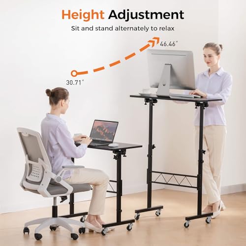 COMHOMA Small Standing Desk Adjustable Height & Tiltable Tabletop, Mobile Stand Up Desk for Laptop, Portable Computer Table for Home Office Work and Walking Pad Treadmill, Height 30.7"-46.4", Black COMHOMA