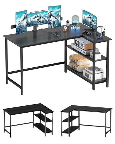 WOODYNLUX L Shaped Computer Desk - Home Office Desk with Shelf, Gaming Desk Corner Table for Work, Writing and Study, Space-Saving, Black - WoodArtSupply