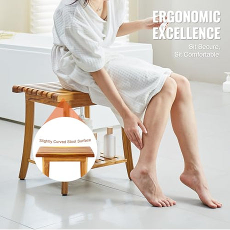 VEVOR Teak Shower Bench, 20in Waterproof Wood Shower Stool with Storage Shelf Non-Slip Foot Pads, 400 lbs Load Capacity Shower Chair Seat, for Bathroom Indoor and Outdoor Use VEVOR