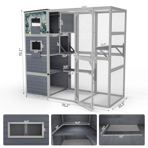 COZIWOW Large Wood Cat Catio, Outdoor Enclosure with Weatherproof Roof, 2 Resting Rooms, 2 Platforms, 4-Tier Cat Playpen (Grey with Pattern) COZIWOW
