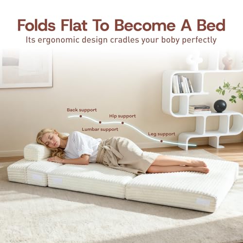 YEPDIN Folding Sofa Bed,Convertible Sofa Bed with Armrest Foldable Sleeper Chair, Portable Folding 4-in-1 Floor Sofa with Convertible Lounge Chair for Living Room,Bedroom,Washable Cover,White Single YEPDIN