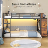 ADORNEVE Low Bunk Bed Twin Over Twin with Bookshelf, 4 Storage Drawers, Metal Kids Bunk Bed with Power Outlet & RGB Lights, Clothing Rack & Shelves, Safety Guardrail & Ladder, Black ADORNEVE