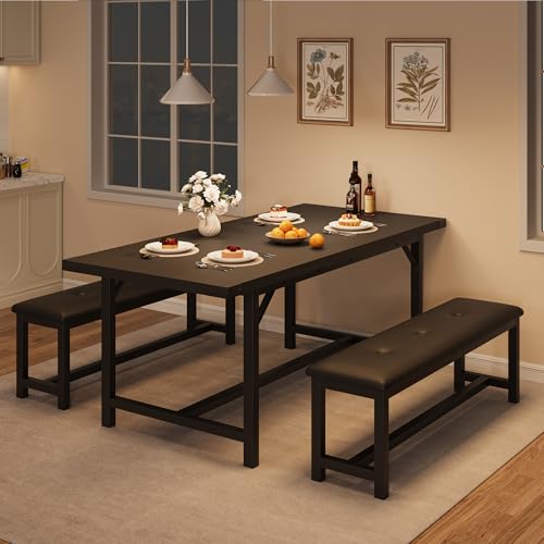 Garvee 63 in Extendable Dining Table Set for 4-6 People, 3-Piece Kitchen Table Set with 2 Upholstered Benches, Farmhouse Dining Room Table Set for Kitchen, Living Room, Apartment, Black Garvee