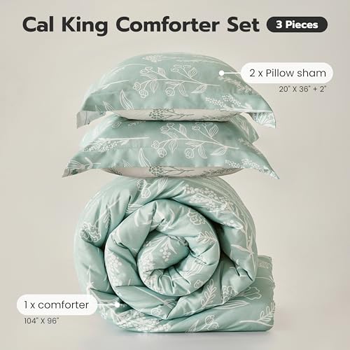 JOIEDOMI California King Comforter Set, Sage Green 3 Pieces Floral California King Bedding Set for Girls Bed with 1 Soft Reversible Botanical Comforter and 2 Pillow Shams, Bed in a Bag for All Seasons Joiedomi