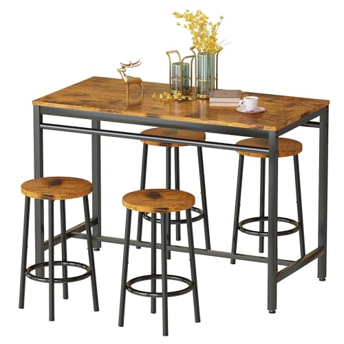 AWQM Bar Table Set, Kitchen Table and Chairs for 4, Industrial Counter Height Pub Dining Set with 4 Round Bar Stools, Heavy Duty Metal Frame, Rustic Brown and Black