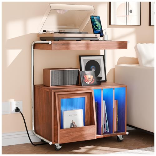 Large Record Player Stand with Sliding Door and Wheels,200 Vinyl Record Storage Cabinet, Record Player Table with Power Outlet & LED Light,Turntable Stand with Wood Legs for Living Room,Bedroom,Office MULEJYBO