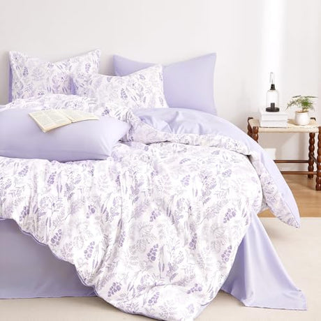 Wake In Cloud - Floral Comforter Set, Botanical Vintage Flower Coquette Cottagecore Aesthetic for Women Teen Girls, Soft Lightweight Dorm Bedding, 3 Pieces, Lilac, Queen Size Wake In Cloud