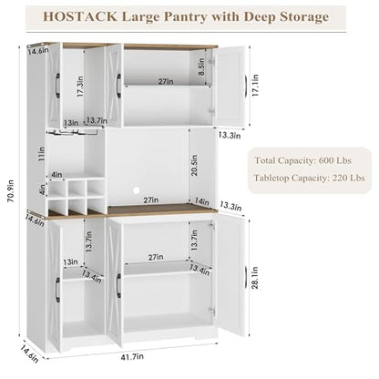 HOSTACK Kitchen Pantry Storage Cabinet, 71" Tall Food Pantry Cabinet with Microwave Stand, Farmhouse Kitchen Hutch Cabinet, Coffee Bar Hutch with Wine Rack for Dining Room, Living Room, White - WoodArtSupply