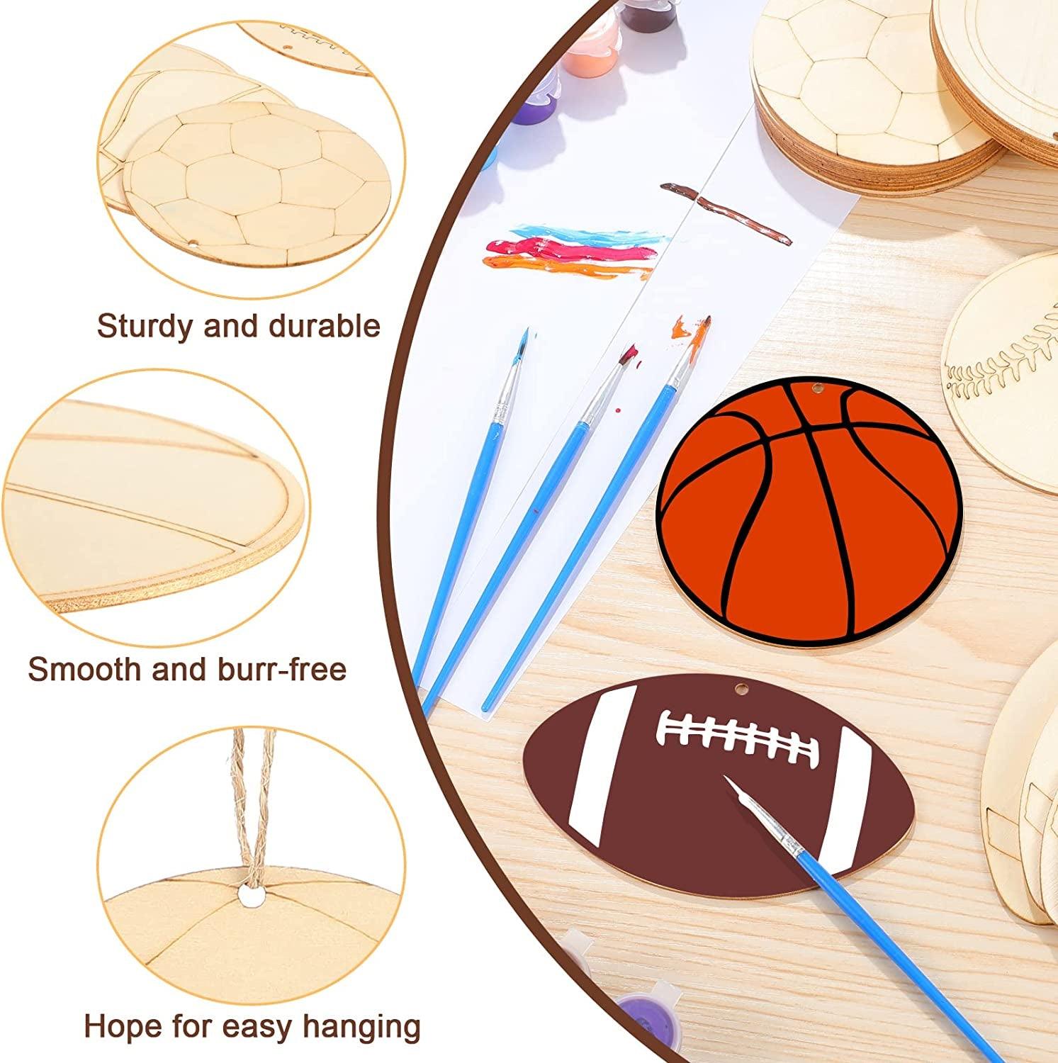 42 Pieces Sports Theme Wooden Cutouts Unfinished Wood Football Volleyball Baseball Basketball Soccer Tennis Shaped Wood Slices with Twines Wood Hanging - WoodArtSupply