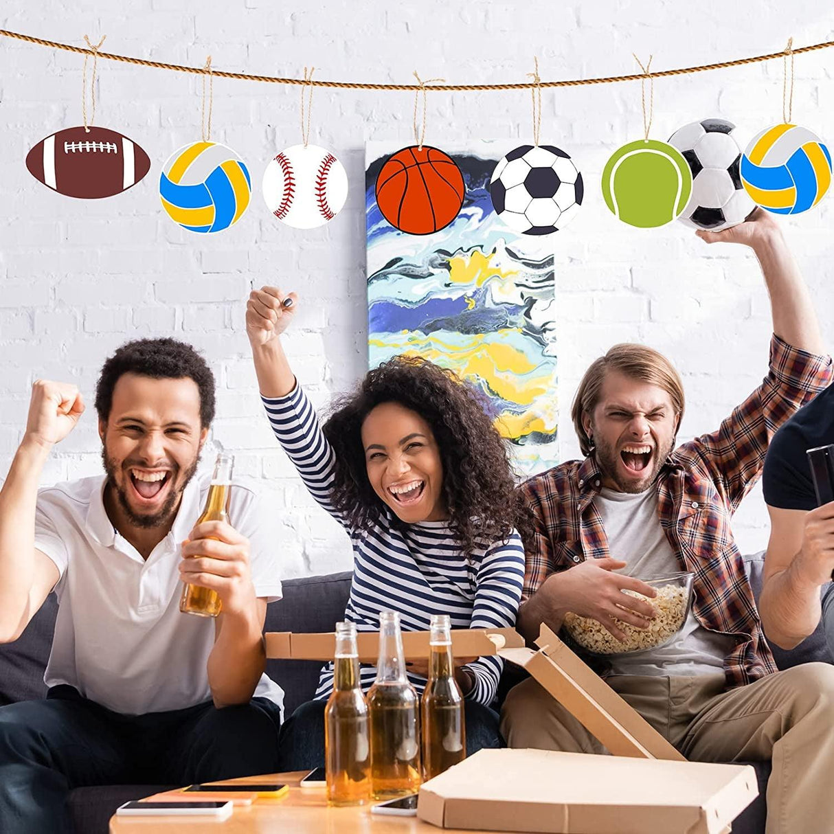 42 Pieces Sports Theme Wooden Cutouts Unfinished Wood Football Volleyball Baseball Basketball Soccer Tennis Shaped Wood Slices with Twines Wood WoodArtSupply