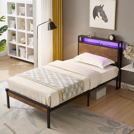 Twin Size Platform Bed Frame, LED Lights With Remote Control, USB Charging Port, Large Under Bed Storage - Black / Brown HouseOfZazla