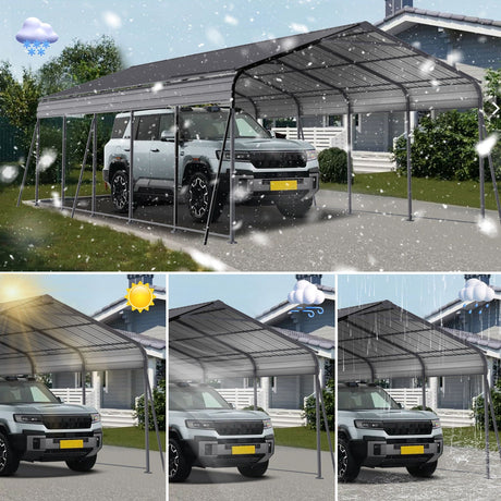 Metal Carport 13 X 26.5 Ft Heavy Duty With Galvanized Steel Roof Metal Garage Canopy With Galvanized Steel Roof & Frame Car Tent Outdoor Storage Shed For Car Boats And Truck - Gray HouseOfZazla