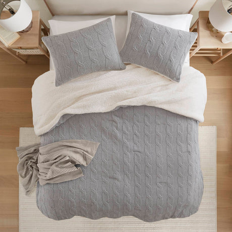 3 Pieces Full/Queen Cable Knit Chenille Comforter Set Gray HouseOfZazla
