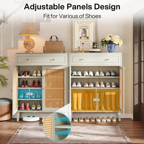 Shoe Cabinet With Rattan Doors And Drawer, 4 Tier Storage Organizer - Mint Green HouseOfZazla