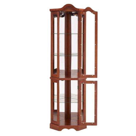 Corner Curio Cabinet With Lights, Adjustable Shelves, Mirrored Back - Walnut HouseOfZazla