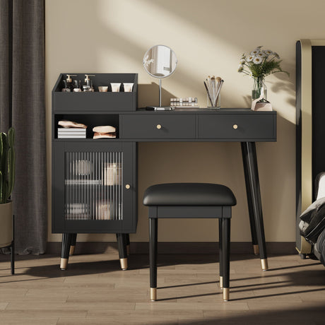 Modern Makeup Vanity Desk With Drawers Cabinet & Charging Port Engineered Wood Space Saving Design For Small Places - Black HouseOfZazla
