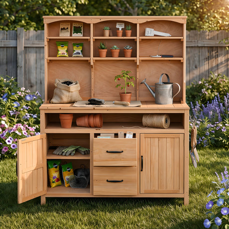TOPMAX Large Fir Wood Potting Bench with Hutch, Cabinets & Drawers HouseOfZazla