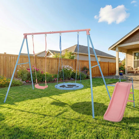 Xns107 - 2 Swing Set With Slide For Outdoor - Blue / Pink HouseOfZazla