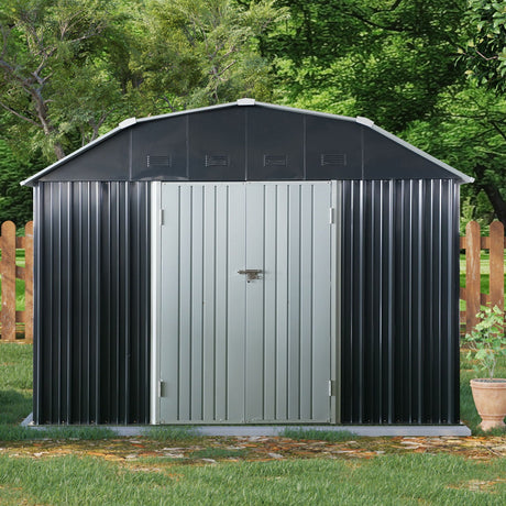 10 Ft X 12 Ft Outdoor Metal Storage Shed With Arch Roof With Lockable Doors For Backyard Garden Patio Lawn - Black HouseOfZazla