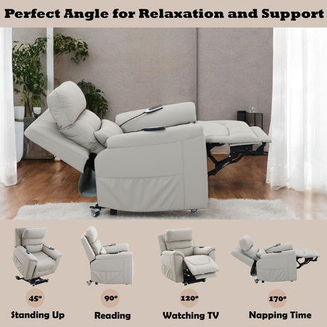 Marsha Silicone Synthetic Leather Power Motion Recliner with Lift Heating Massage Chair - Light Gray HouseOfZazla
