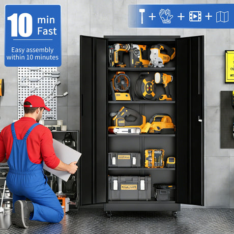 Heavy Duty Rolling Cabinet With Lock, Garage Storage Cabinet, 4 Adjustable Shelves For Tool Organization HouseOfZazla