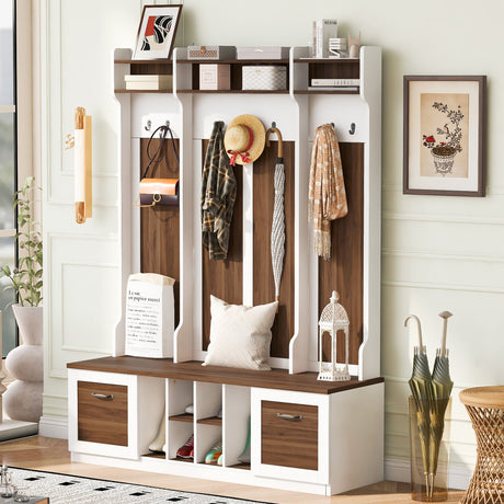 5 In 1 Entryway Bench With Coat Rack, 7 Sturdy Hooks, 2 Spacious Drawers And Adjustable Shelves HouseOfZazla