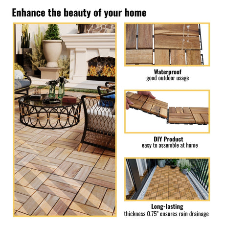 Interlocking Deck Tiles Checker Pattern, Square Acacia Hardwood Outdoor Flooring For Patio, Bancony, Pool Side HouseOfZazla
