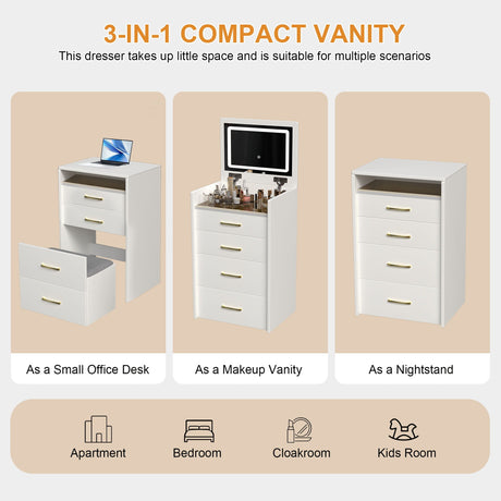 Compact 3 In 1 Vanity Desk With Open Top Mirror, Glass Desktop, 5 Height - White HouseOfZazla