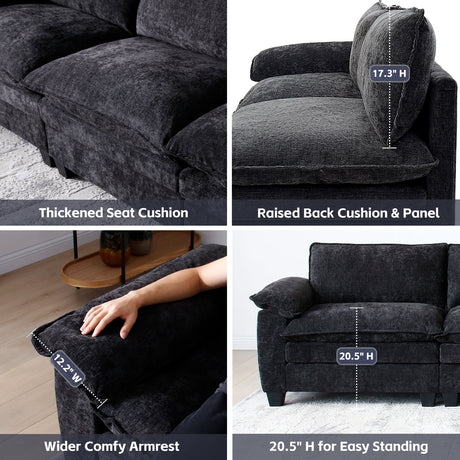 Living Room Furniture Big Loveseat Luxury Couch with Soft Chenille Upholstered Sofa Black HouseOfZazla
