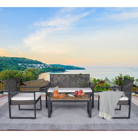 4 Piece Patio Furniture Set With Acacia Wood Table Top And Cushions HouseOfZazla
