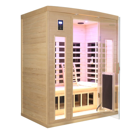 Low EMF, There is also a heating plate on the glass door, Hemlock wood Far-infrared indoor Three person sauna room HouseOfZazla