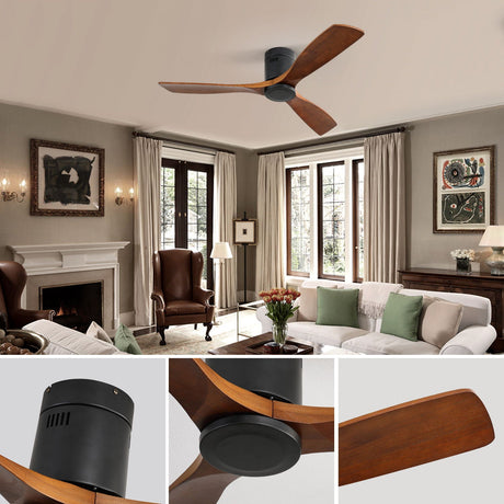 Ceiling Fan With 3 Solid Blades, Remote Controlled Reversible DC Motor - Black HouseOfZazla