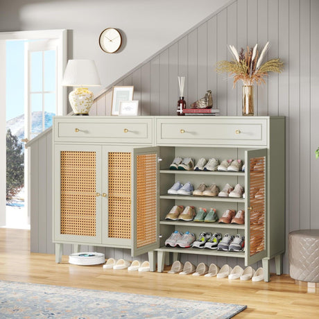 Shoe Cabinet With Rattan Doors And Drawer, 4 Tier Storage Organizer - Mint Green HouseOfZazla