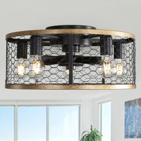 20" Industrial Caged Ceiling Fan, With 7 - ABS Blades Remote Control Reversible DC Motor, Small Flush Mount Ceiling Fan For Farmhouse - Black HouseOfZazla