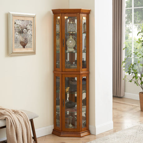 Corner Curio Cabinet With Lights, Adjustable Tempered Glass Shelves, Mirrored Back, Display Cabinet (E26 Light Bulb Not Included) HouseOfZazla