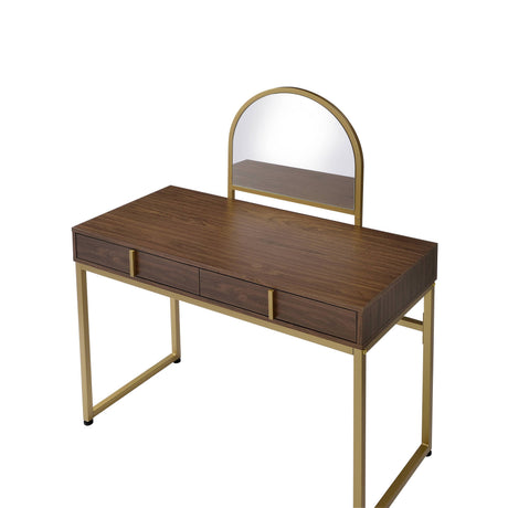 Coleen Walnut & Gold Finish Vanity Desk with Mirror & Jewelry Tray HouseOfZazla