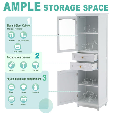 Tall Bathroom Storage Cabinet With Glass Doors, Free-Standing, Two Drawers, And Adjustable Shelves, Board, Painted Perfect For Displaying Your Favorite Items HouseOfZazla