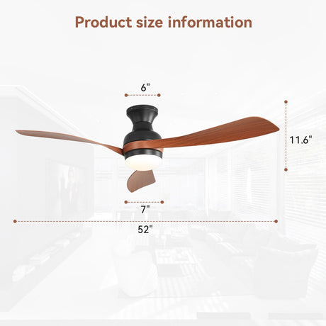 Ceiling Fan With Remote Controlled LED Light, 3 Blades, Reversible DC Motor, 6 Speeds, Dimmable, Flush Mount - Black HouseOfZazla
