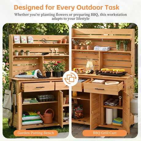 TOPMAX 65''H Large Garden Potting Bench with Lockable Wheels and Storage Cabinet HouseOfZazla