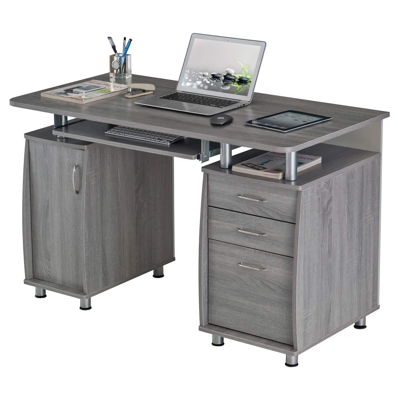47.5'' Computer Desk with File Cabinet and Drawers, Storage Cabinet with Removable Shelf and Ventilation for CPU, Home Office Desk or Computer Workstation with Keyboard Tray, Grey Techni Mobili