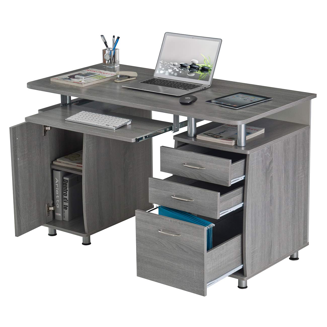 47.5'' Computer Desk with File Cabinet and Drawers, Storage Cabinet with Removable Shelf and Ventilation for CPU, Home Office Desk or Computer Workstation with Keyboard Tray, Grey Techni Mobili