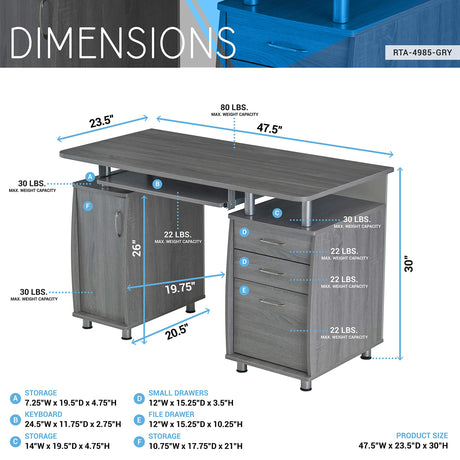47.5'' Computer Desk with File Cabinet and Drawers, Storage Cabinet with Removable Shelf and Ventilation for CPU, Home Office Desk or Computer Workstation with Keyboard Tray, Grey Techni Mobili