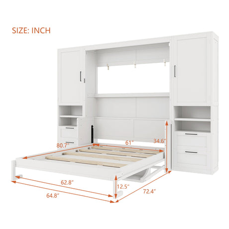 Queen Size Murphy Bed Wall Bed with Closet, Drawers and Shelves, White HouseOfZazla