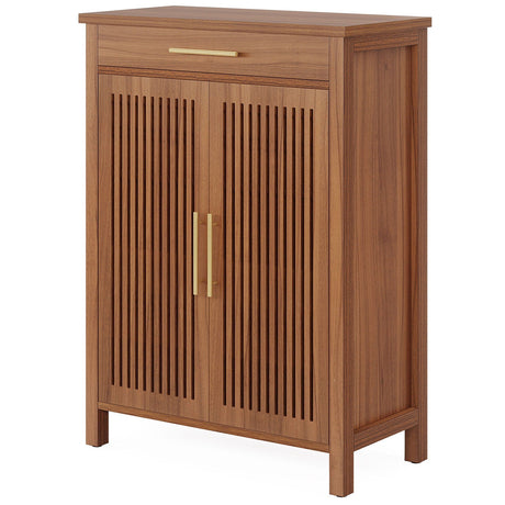 5 Tier Shoe Cabinet With Louvered Doors And Drawer, Freestanding Organizer With Adjustable Shelves For Entryway - Brown HouseOfZazla