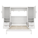 Queen Size Murphy Bed Wall Bed with Closet, Drawers and Shelves, White
