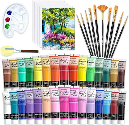 48 Pack Acrylic Paint Set, 30 Colors Acrylic Paint (36Ml) with 10 Brushes 5 Canvas 1 Paint Knife 1 Palette 1 Sponge - WoodArtSupply