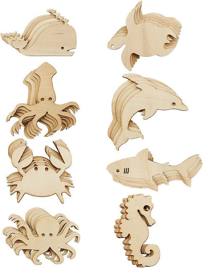 48 Pack Unfinished Wooden Ocean Sea Animal Life Cutouts,Octopus,Shark,Whale,Dolphin,Turtle,Crab,Squid,Seahorse Shapes (6 Pcs/Shape)