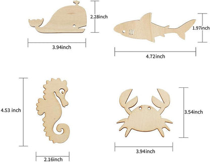 48 Pack Unfinished Wooden Ocean Sea Animal Life Cutouts,Octopus,Shark,Whale,Dolphin,Turtle,Crab,Squid,Seahorse Shapes (6 Pcs/Shape) - WoodArtSupply