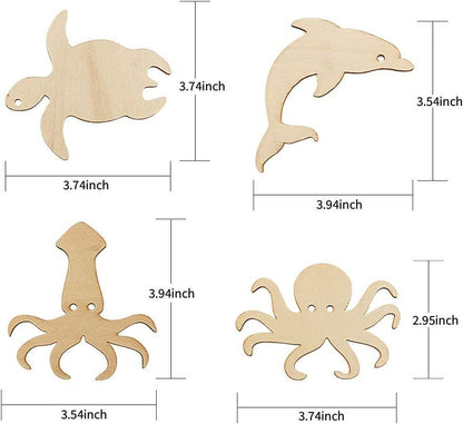 48 Pack Unfinished Wooden Ocean Sea Animal Life Cutouts,Octopus,Shark,Whale,Dolphin,Turtle,Crab,Squid,Seahorse Shapes (6 Pcs/Shape) - WoodArtSupply