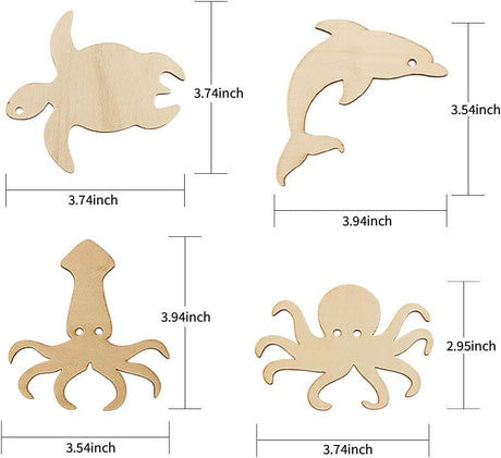 48 Pack Unfinished Wooden Ocean Sea Animal Life Cutouts,Octopus,Shark,Whale,Dolphin,Turtle,Crab,Squid,Seahorse Shapes (6 Pcs/Shape) WoodArtSupply